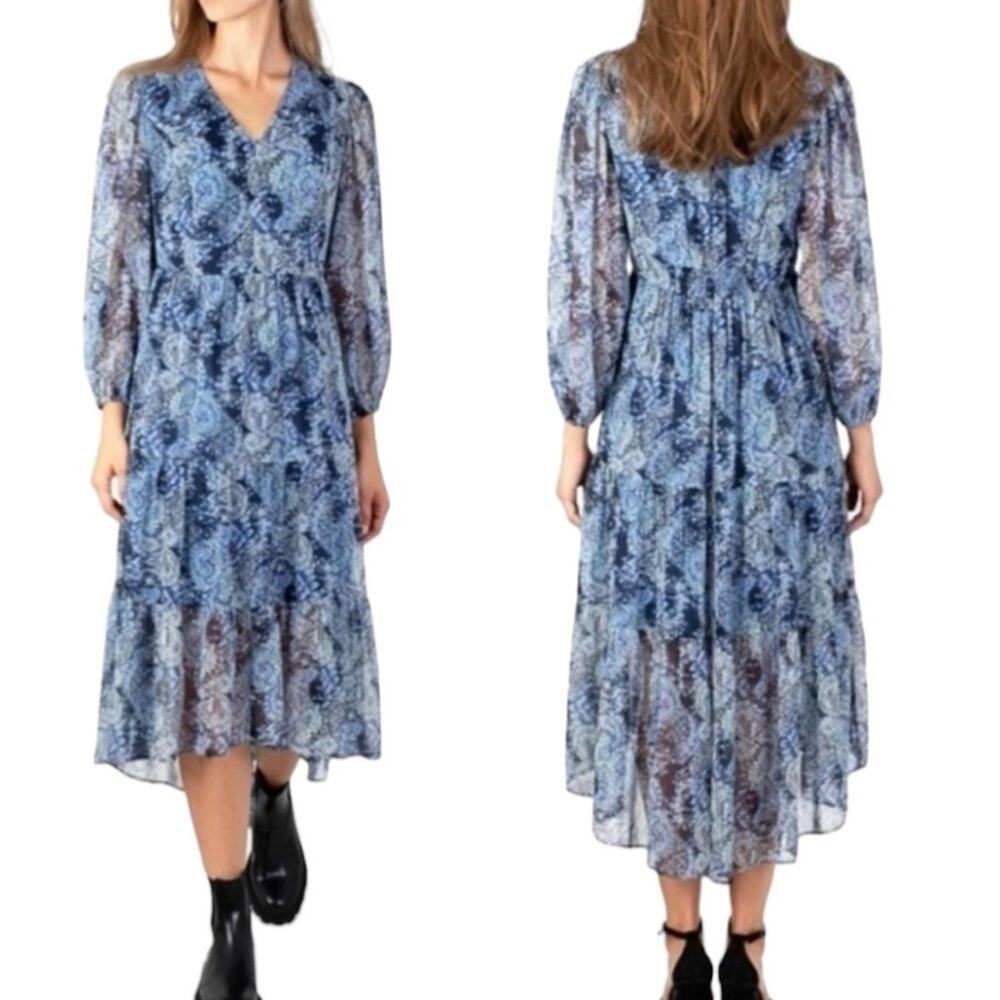 Joie Floral Long Sleeve Maxi Dress Blue Lined - Size XXL